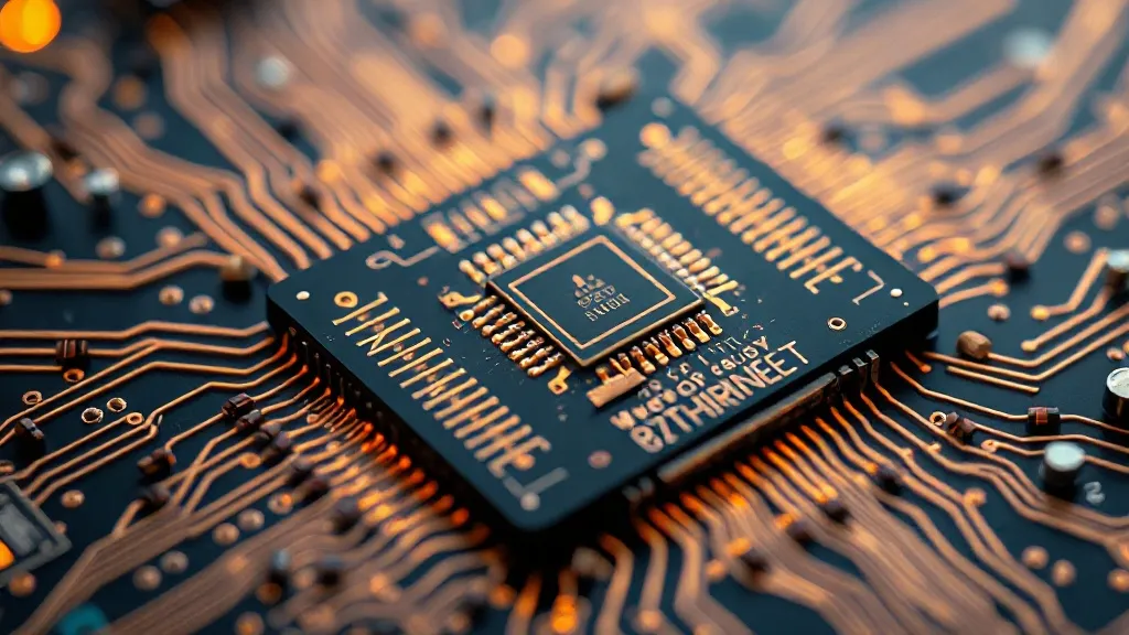 Detailed macro shot of a futuristic mobile processor chip wi