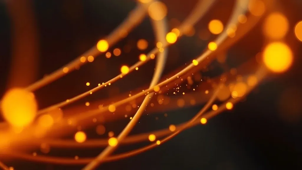 Abstract macro shot of copper wires and golden light pulses
